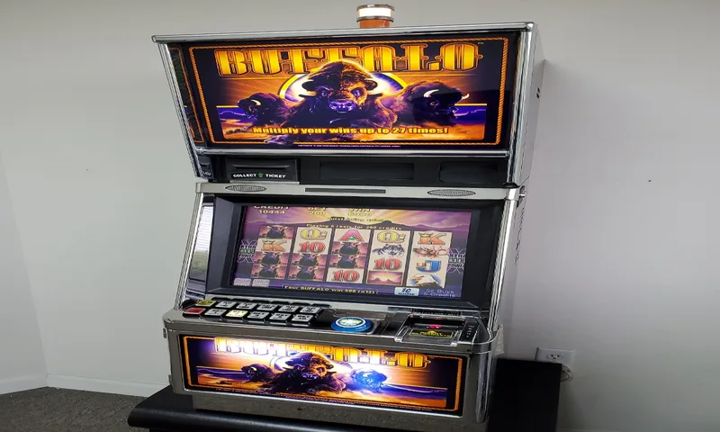 Buffalo slot machine with charging buffalo symbols and golden sunset wilds
