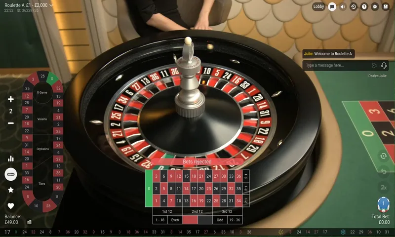 Live European roulette wheel spinning with ivory ball and numbered betting grid